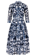 Audrey Dress #4 Shirt Collar 3/4 Sleeve Midi Length Cotton Musola (Maiolica Blue Tile)