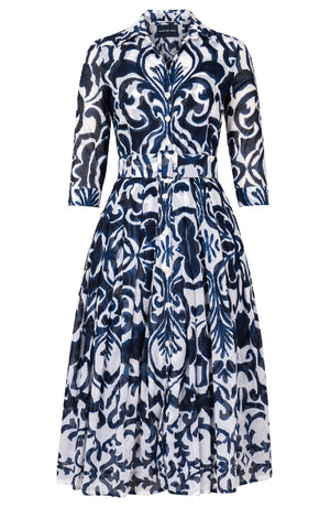 Audrey Dress #4 Shirt Collar 3/4 Sleeve Midi Length Cotton Musola (Maiolica Blue Tile)