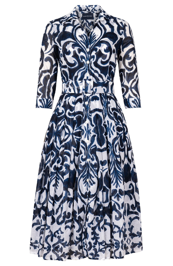 Audrey Dress #4 Shirt Collar 3/4 Sleeve Midi Length Cotton Musola (Maiolica Blue Tile)