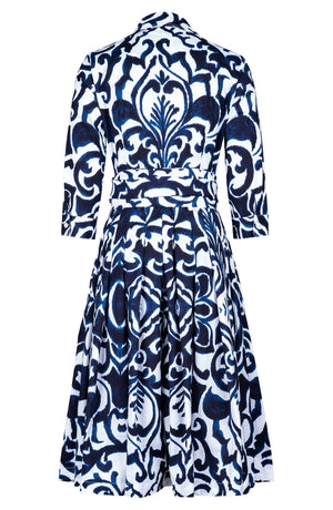 Audrey Dress #2 Shirt Collar 3/4 Sleeve Long Length Cotton Stretch (Maiolica Blue Tile)