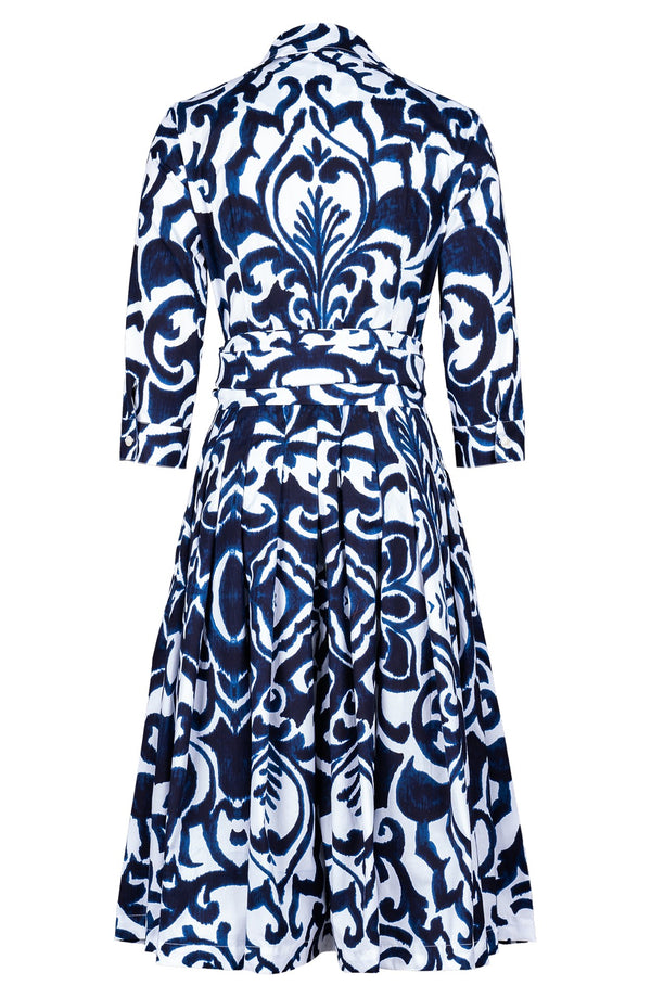 Audrey Dress #2 Shirt Collar 3/4 Sleeve Long Length Cotton Stretch (Maiolica Blue Tile)