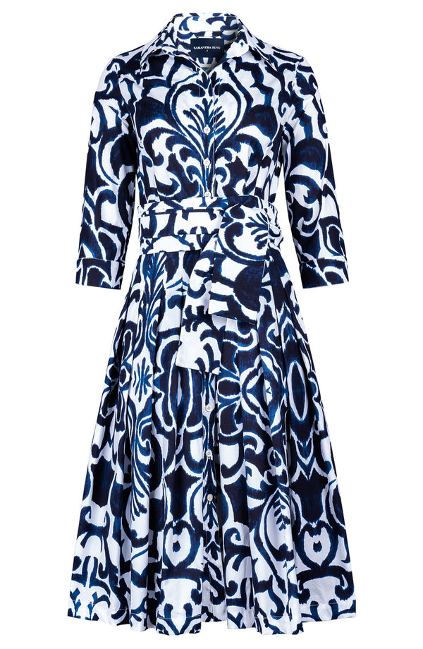 Audrey Dress #2 Shirt Collar 3/4 Sleeve Long Length Cotton Stretch (Maiolica Blue Tile)
