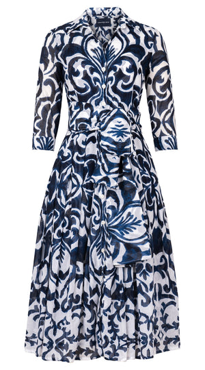 Audrey Dress #4 Shirt Collar 3/4 Sleeve Midi Length Cotton Musola (Maiolica Blue Tile Small)