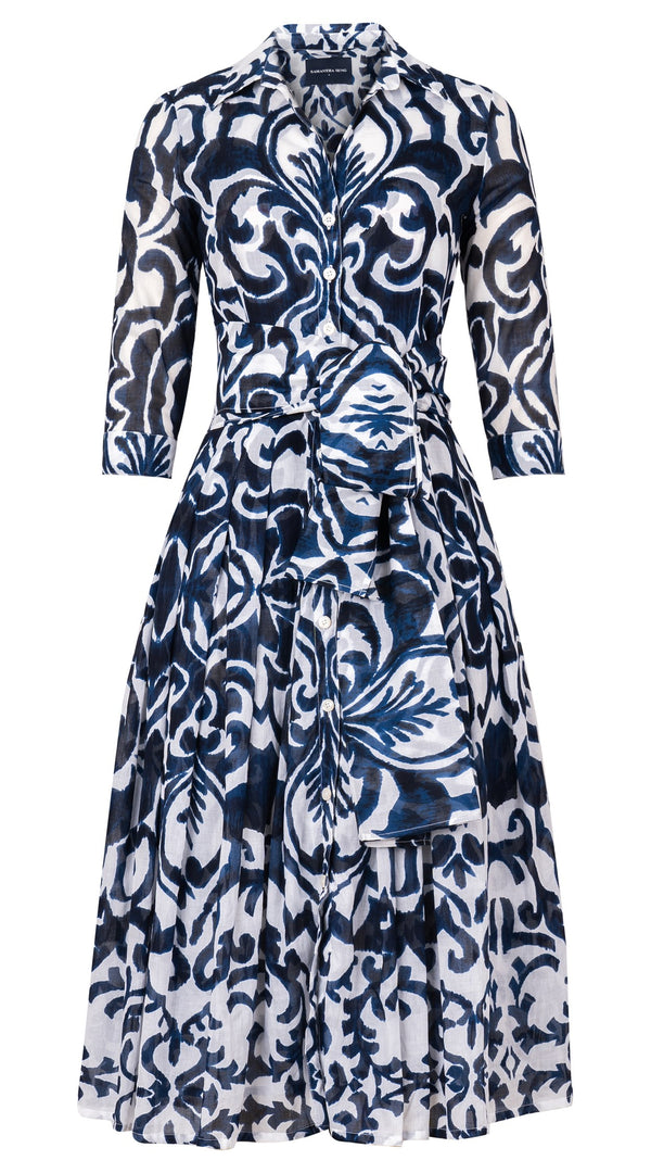 Audrey Dress #4 Shirt Collar 3/4 Sleeve Midi Length Cotton Musola (Maiolica Blue Tile Small)