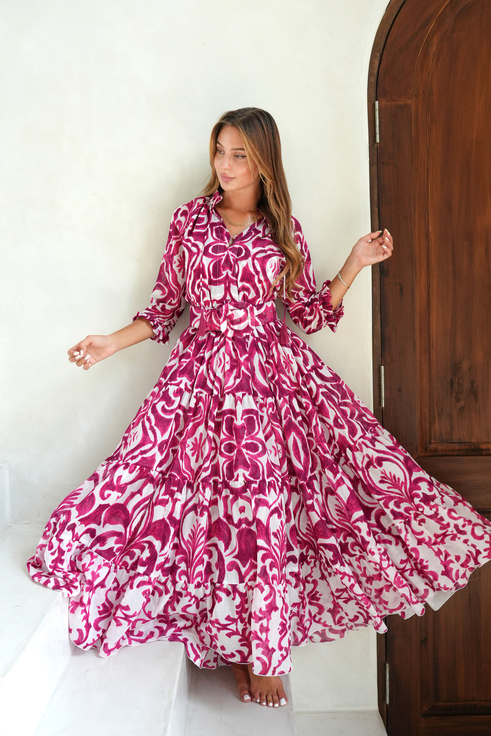 Eva Dress Crew Neck 3/4 Sleeve Maxi Length Cotton Musola (Maiolica Blue Tile Small)