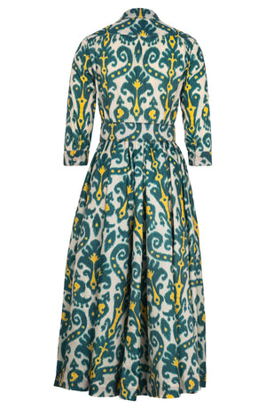 Sabrina Dress Shirt Collar 3/4 Sleeve Midi Plus Length Poliamide Taffta (Marakeschi Ikat Beige)