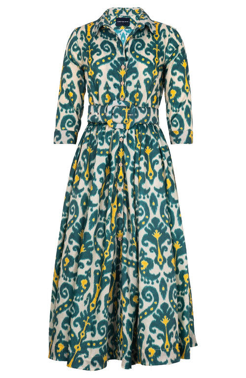 Sabrina Dress Shirt Collar 3/4 Sleeve Midi Plus Length Poliamide Taffta (Marakeschi Ikat Beige)