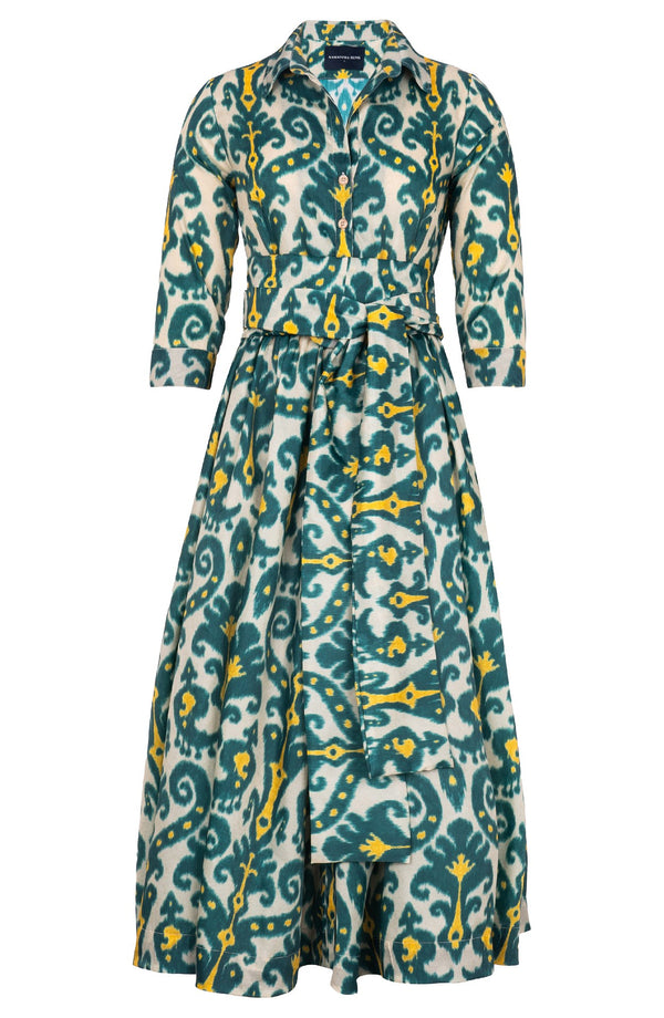 Sabrina Dress Shirt Collar 3/4 Sleeve Midi Plus Length Poliamide Taffta (Marakeschi Ikat Beige)