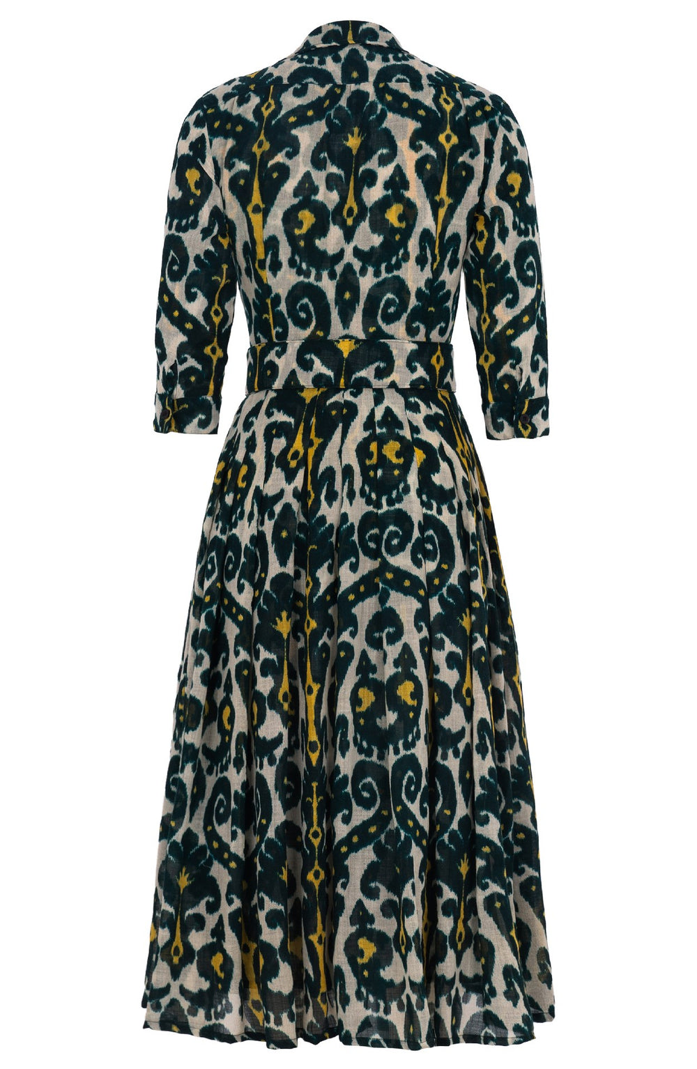Audrey Dress #4 Shirt Collar 3/4 Sleeve Midi Length Wool (Marakeschi Ikat Beige) - Beige Jade