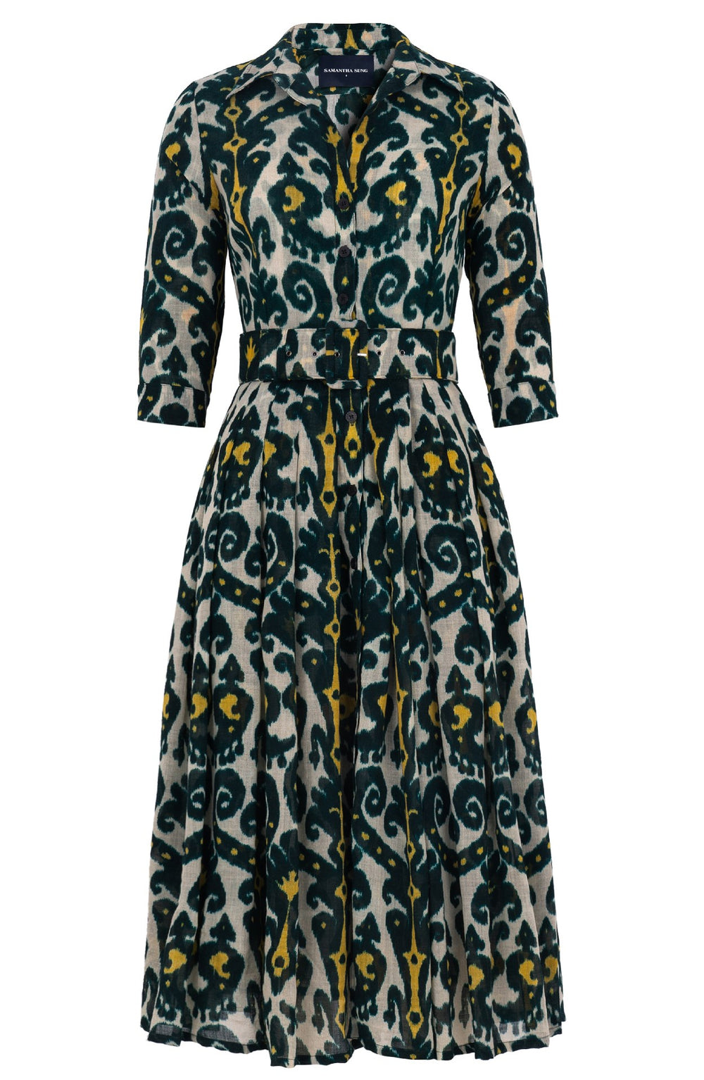 Audrey Dress #4 Shirt Collar 3/4 Sleeve Midi Length Wool (Marakeschi Ikat Beige) - Beige Jade