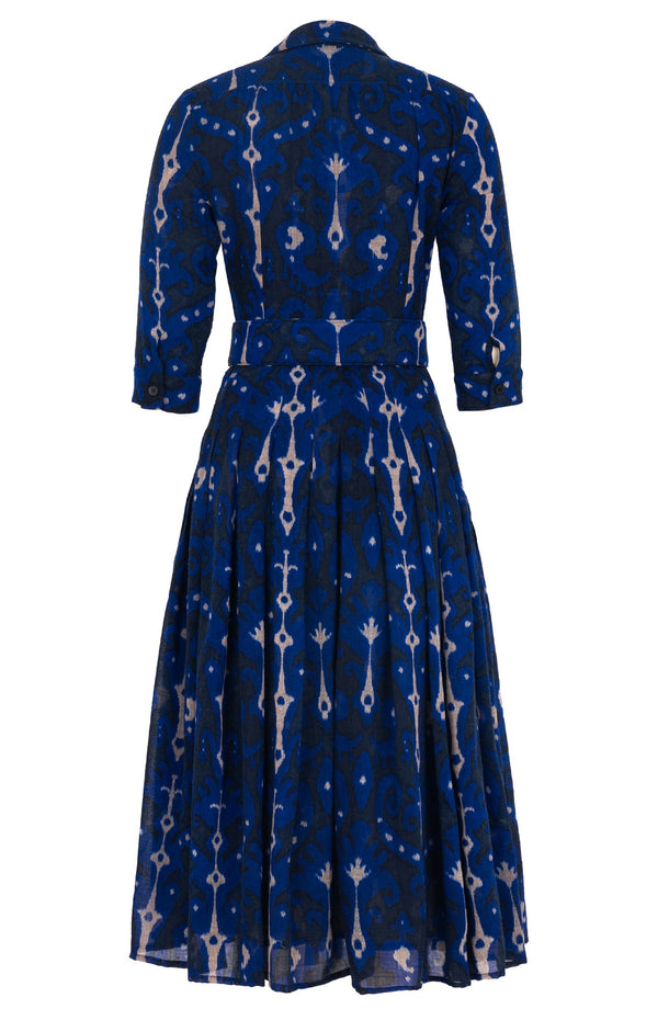Audrey Dress #4 Shirt Collar 3/4 Sleeve Midi Length Wool (Marakeschi Ikat Bright) - Indigo Cobalt Blue