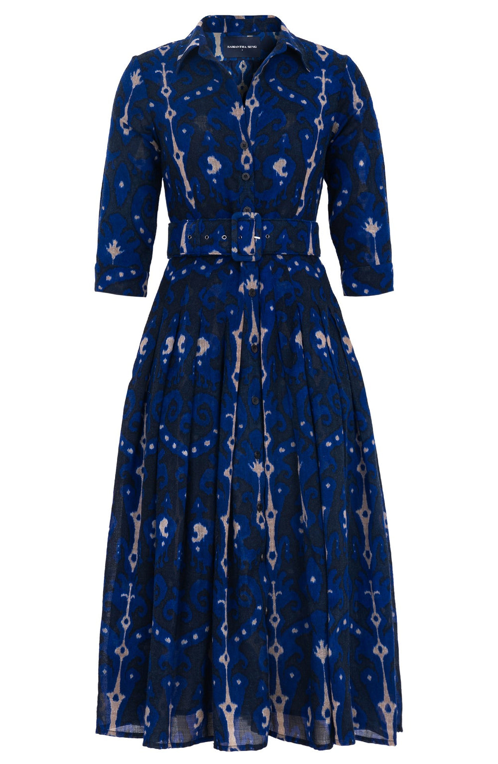 Audrey Dress #4 Shirt Collar 3/4 Sleeve Midi Length Wool (Marakeschi Ikat Bright) - Indigo Cobalt Blue