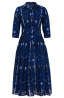 Audrey Dress #4 Shirt Collar 3/4 Sleeve Midi Length Wool (Marakeschi Ikat Bright) - Indigo Cobalt Blue