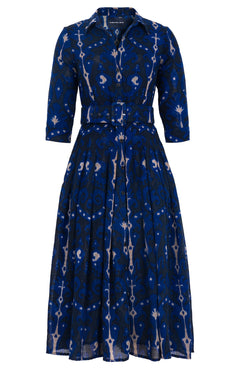 Audrey Dress #4 Shirt Collar 3/4 Sleeve Midi Length Wool (Marakeschi Ikat Bright) - Indigo Cobalt Blue