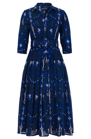Audrey Dress #4 Shirt Collar 3/4 Sleeve Midi Length Wool (Marakeschi Ikat Bright) - Indigo Cobalt Blue