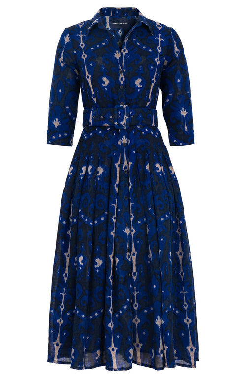 Audrey Dress #4 Shirt Collar 3/4 Sleeve Midi Length Wool (Marakeschi Ikat Bright) - Indigo Cobalt Blue