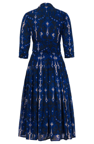 Audrey Dress #4 Shirt Collar 3/4 Sleeve Midi Length Wool (Marakeschi Ikat Bright) - Indigo Cobalt Blue