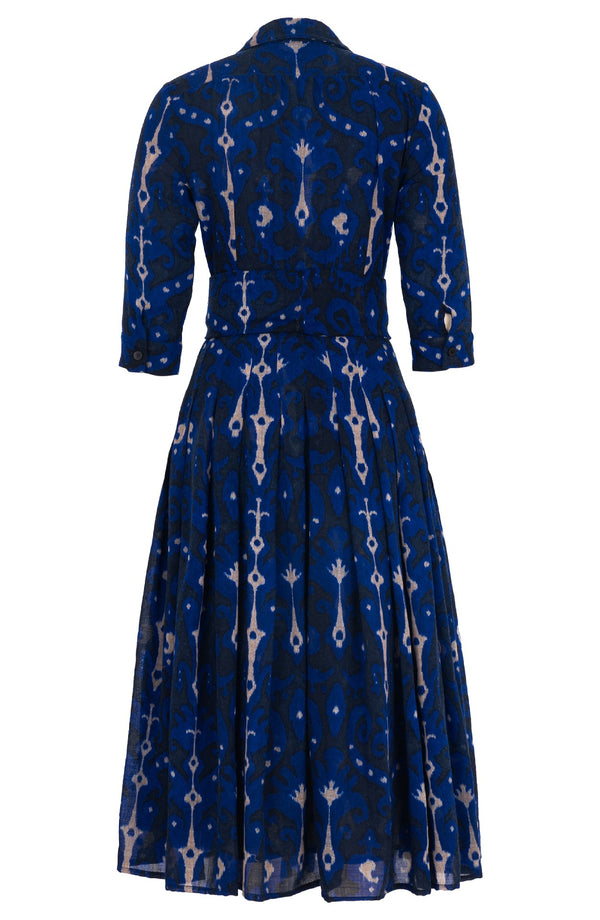 Audrey Dress #4 Shirt Collar 3/4 Sleeve Midi Length Wool (Marakeschi Ikat Bright) - Indigo Cobalt Blue