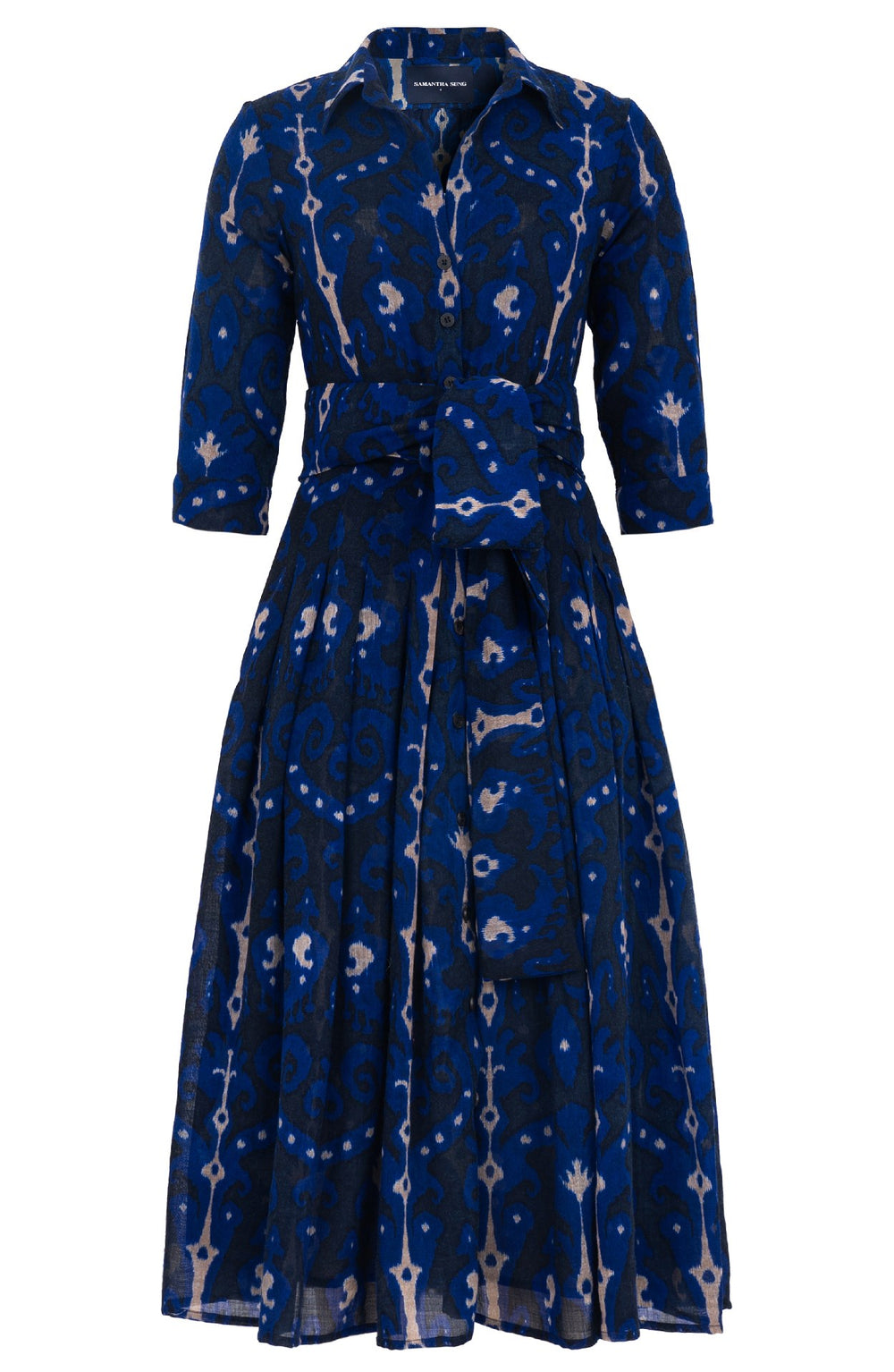 Audrey Dress #4 Shirt Collar 3/4 Sleeve Midi Length Wool (Marakeschi Ikat Bright) - Indigo Cobalt Blue