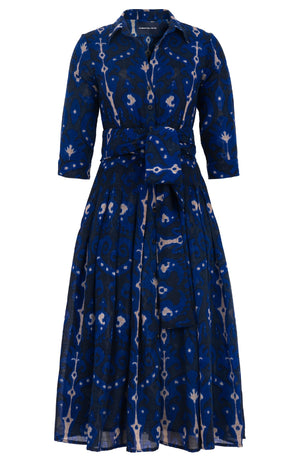 Audrey Dress #4 Shirt Collar 3/4 Sleeve Midi Length Wool (Marakeschi Ikat Bright) - Indigo Cobalt Blue