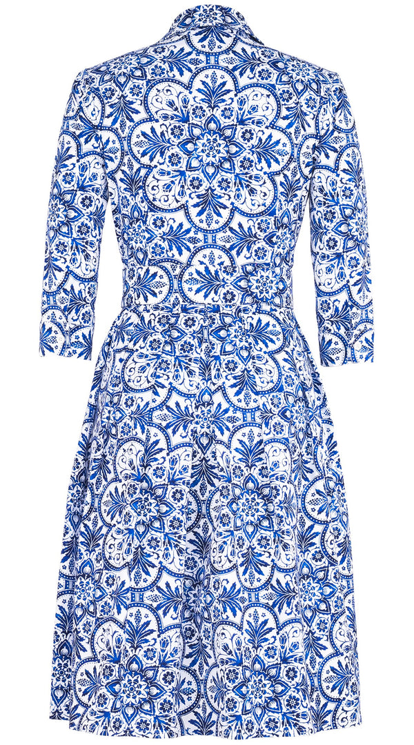 Audrey Dress #1 Shirt Collar 3/4 Sleeve Regular Length Cotton Stretch (Marakechi Tile)