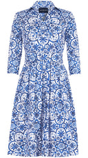 Audrey Dress #1 Shirt Collar 3/4 Sleeve Regular Length Cotton Stretch (Marakechi Tile)