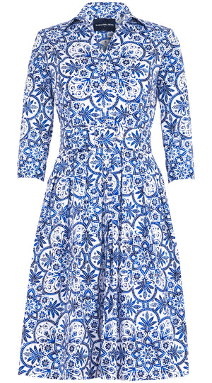 Audrey Dress #1 Shirt Collar 3/4 Sleeve Regular Length Cotton Stretch (Marakechi Tile)