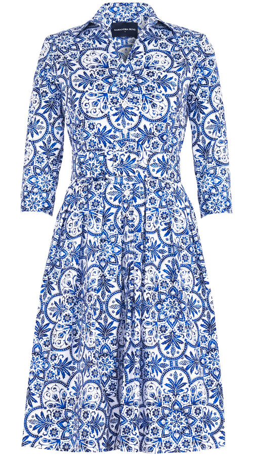 Audrey Dress #1 Shirt Collar 3/4 Sleeve Regular Length Cotton Stretch (Marakechi Tile)