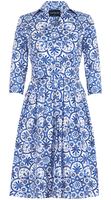 Audrey Dress #1 Shirt Collar 3/4 Sleeve Regular Length Cotton Stretch (Marakechi Tile)