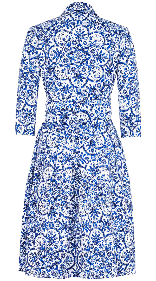 Audrey Dress #1 Shirt Collar 3/4 Sleeve Regular Length Cotton Stretch (Marakechi Tile)