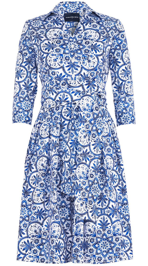 Audrey Dress #1 Shirt Collar 3/4 Sleeve Regular Length Cotton Stretch (Marakechi Tile)