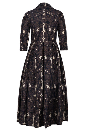 Audrey Dress #7 Shirt Collar 3/4 Sleeve Midi Plus Length Poliamide Taffta (Marakeschi Ikat Beige)