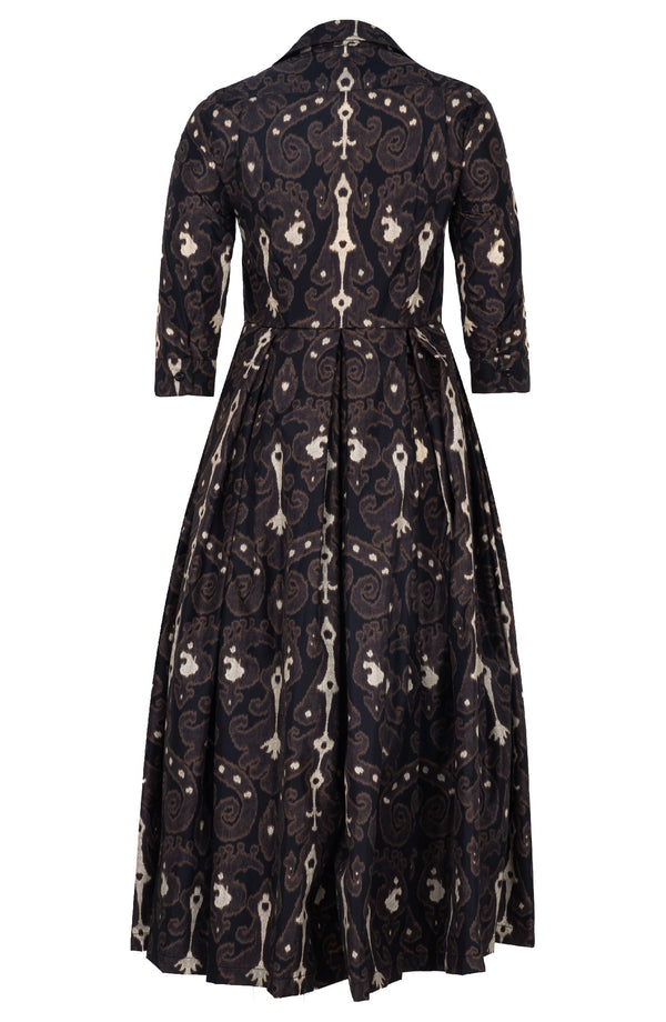 Audrey Dress #7 Shirt Collar 3/4 Sleeve Midi Plus Length Poliamide Taffta (Marakeschi Ikat Beige)