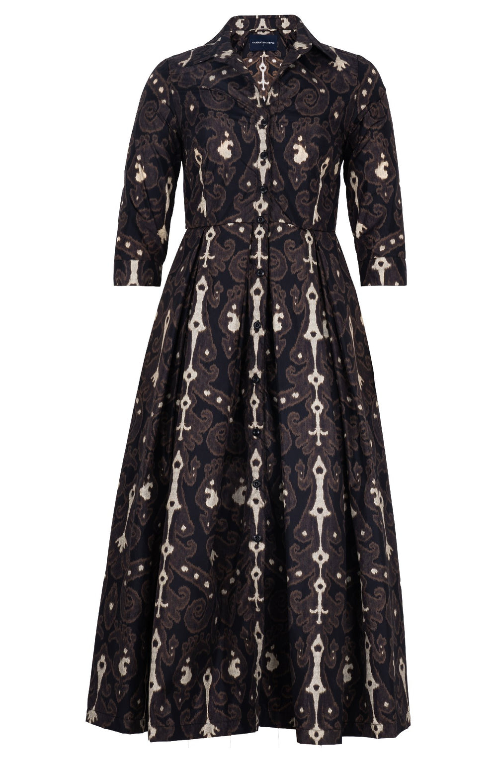 Audrey Dress #7 Shirt Collar 3/4 Sleeve Midi Plus Length Poliamide Taffta (Marakeschi Ikat Beige)