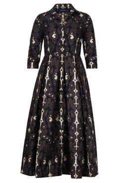 Audrey Dress #7 Shirt Collar 3/4 Sleeve Midi Plus Length Poliamide Taffta (Marakeschi Ikat Beige)