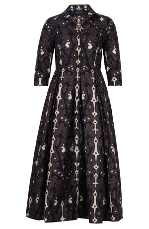 Audrey Dress #7 Shirt Collar 3/4 Sleeve Midi Plus Length Poliamide Taffta (Marakeschi Ikat Beige)