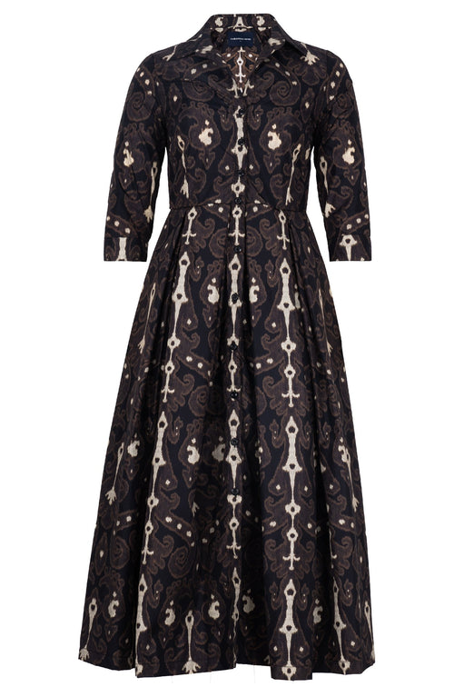 Audrey Dress #7 Shirt Collar 3/4 Sleeve Midi Plus Length Poliamide Taffta (Marakeschi Ikat Beige)