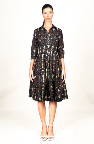 Audrey Dress #1 Shirt Collar 3/4 Sleeve Long Length Cotton Stretch (Marakeschi Ikat Bright)