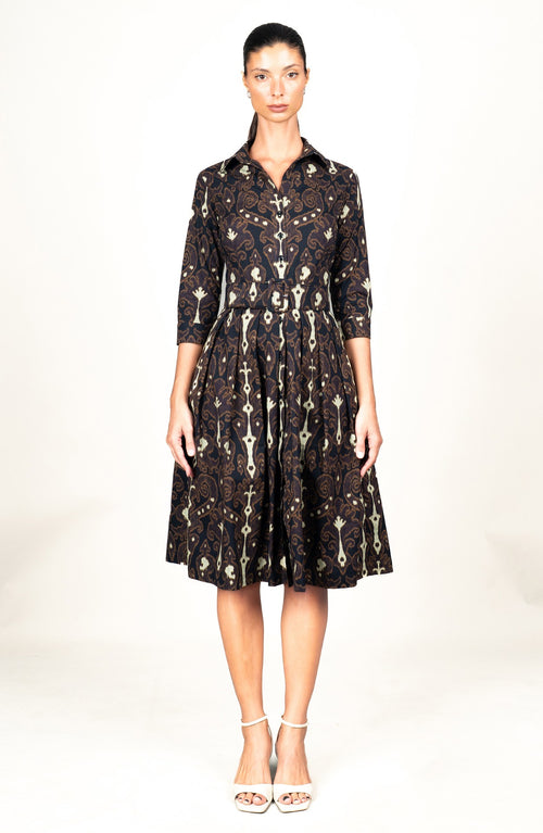 Audrey Dress #1 Shirt Collar 3/4 Sleeve Long Length Cotton Stretch (Marakeschi Ikat Bright)