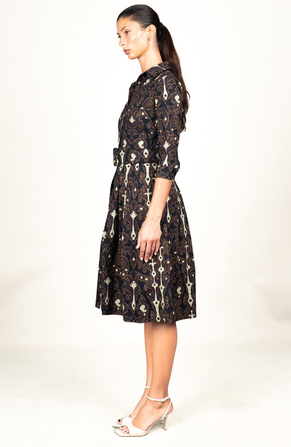 Audrey Dress #1 Shirt Collar 3/4 Sleeve Long Length Cotton Stretch (Marakeschi Ikat Bright)