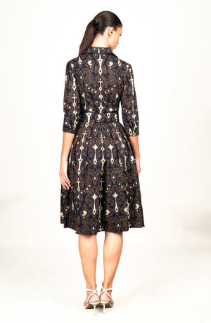 Audrey Dress #1 Shirt Collar 3/4 Sleeve Long Length Cotton Stretch (Marakeschi Ikat Bright)