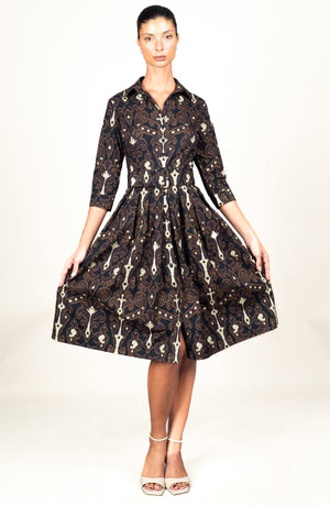 Audrey Dress #1 Shirt Collar 3/4 Sleeve Long Length Cotton Stretch (Marakeschi Ikat Bright)
