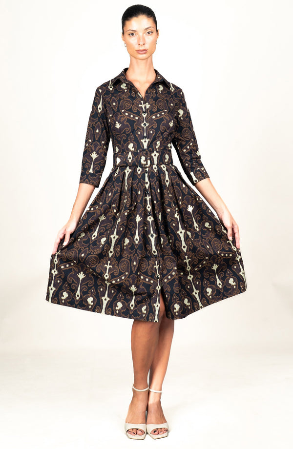Audrey Dress #1 Shirt Collar 3/4 Sleeve Long Length Cotton Stretch (Marakeschi Ikat Bright)