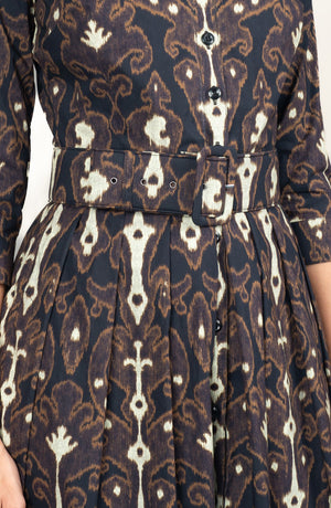 Audrey Dress #1 Shirt Collar 3/4 Sleeve Long Length Cotton Stretch (Marakeschi Ikat Bright)