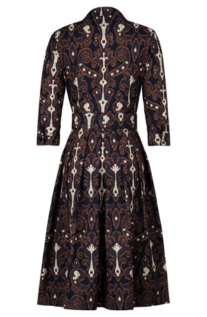 Audrey Dress #1 Shirt Collar 3/4 Sleeve Long Length Cotton Stretch (Marakeschi Ikat Bright)
