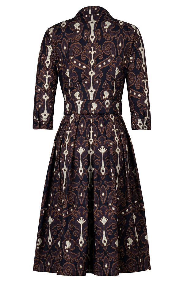 Audrey Dress #1 Shirt Collar 3/4 Sleeve Long Length Cotton Stretch (Marakeschi Ikat Bright)