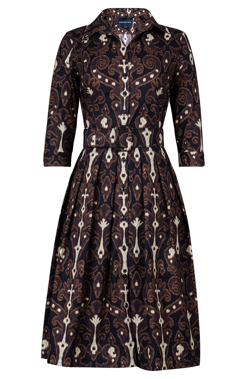 Audrey Dress #1 Shirt Collar 3/4 Sleeve Long Length Cotton Stretch (Marakeschi Ikat Bright)