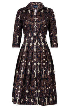 Audrey Dress #1 Shirt Collar 3/4 Sleeve Long Length Cotton Stretch (Marakeschi Ikat Bright)