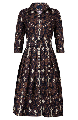Audrey Dress #1 Shirt Collar 3/4 Sleeve Long Length Cotton Stretch (Marakeschi Ikat Bright)