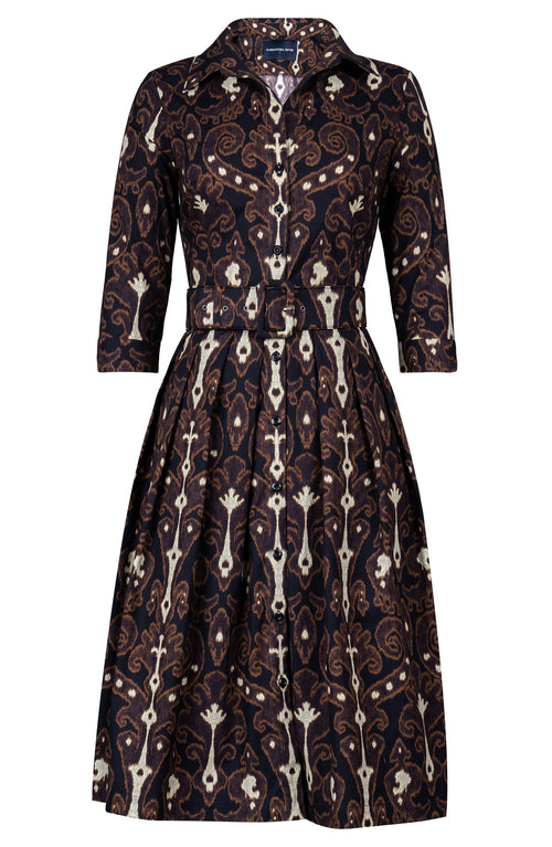 Audrey Dress #1 Shirt Collar 3/4 Sleeve Long Length Cotton Stretch (Marakeschi Ikat Bright)